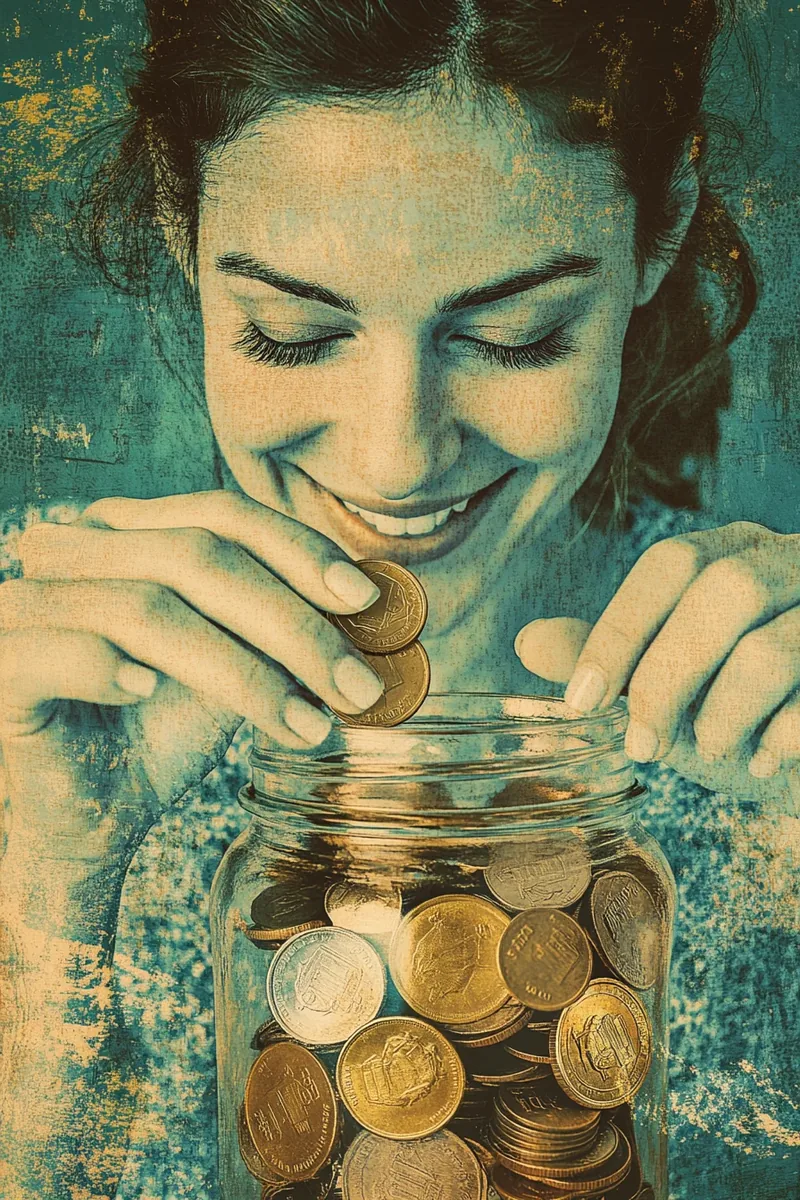 American woman putting coins into savings jar while managing security loan