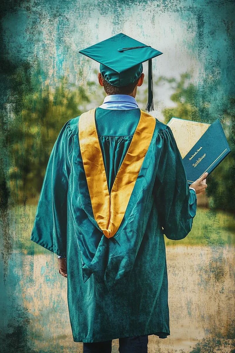 Young American student in graduation cap and gown — education funded through security finance