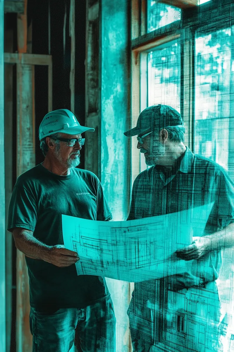 American homeowner and contractor reviewing renovation plans together funded by security finance