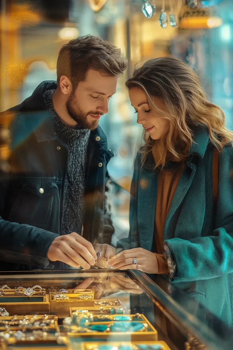 American couple looking at engagement rings at jewelry counter – funded by security finance