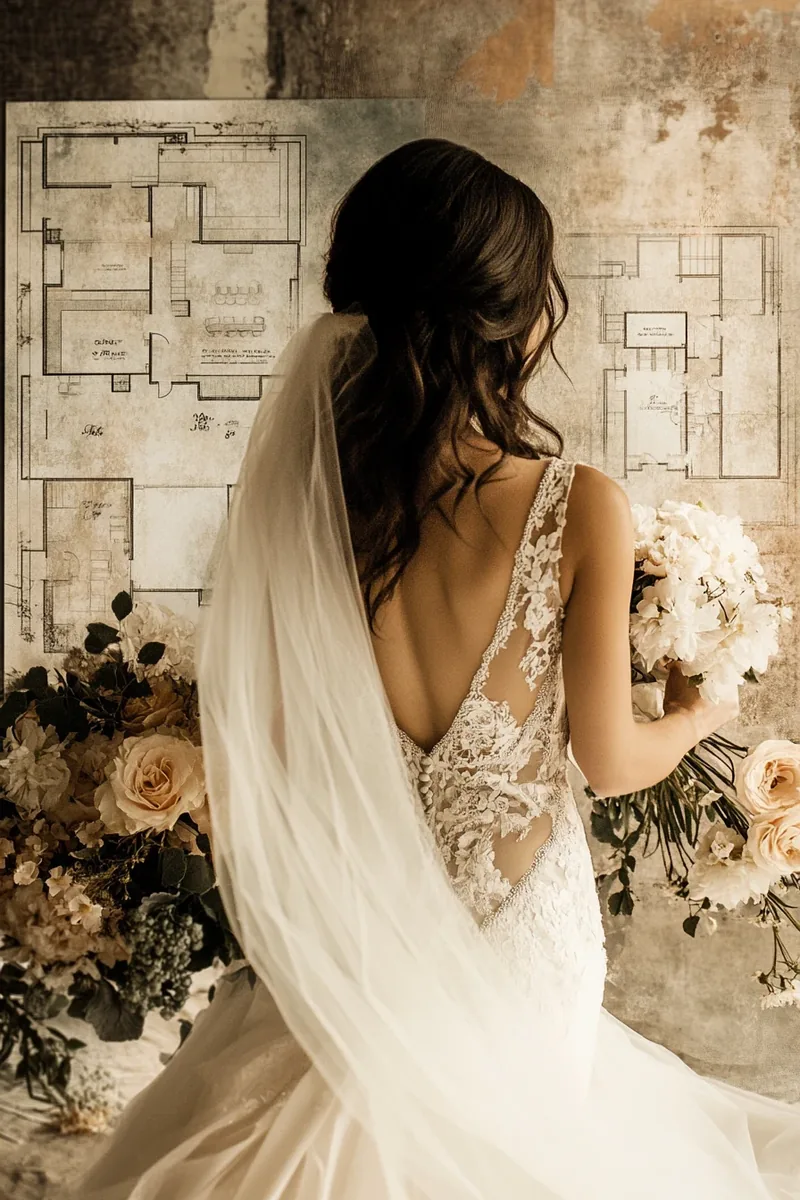 American bride reviewing wedding venue floor plan with coordinator